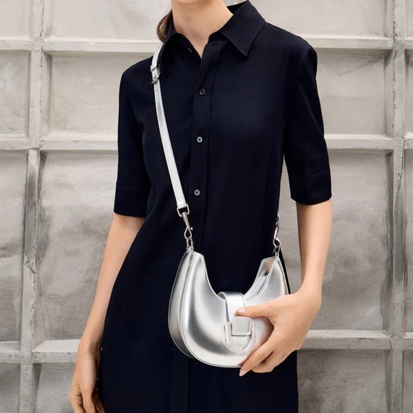 Gabine Metallic Leather Gem-Embellished Hobo Bag - Silver - Picture 4 of 9